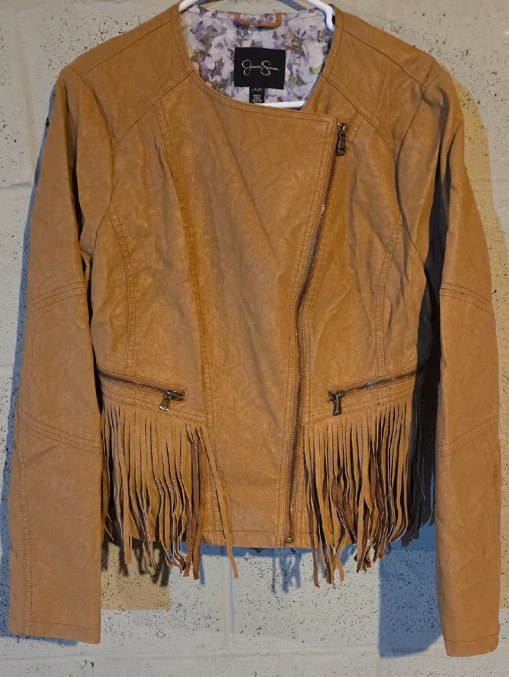 Jessica Simpson Faux Leather Fringe Moto Jacket Tan Size Large